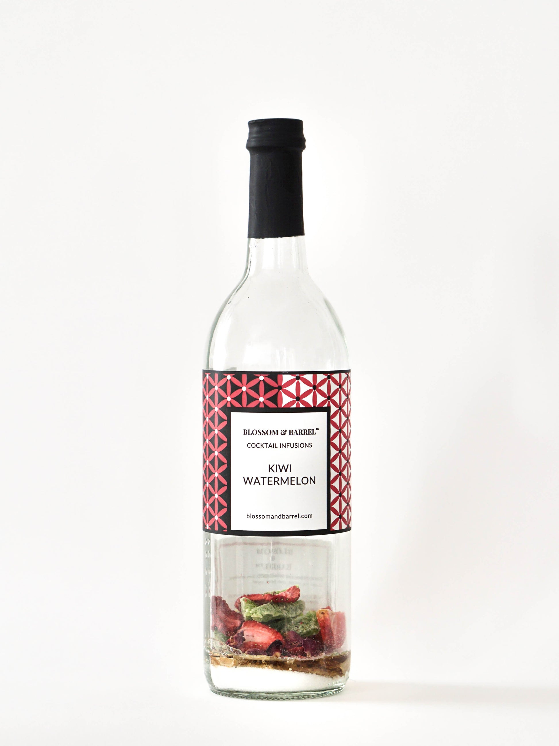 Bottle of kiwi watermelon cocktail infusion on a white background