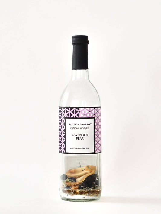Bottle of Lavender Pear cocktail infusion with a decorative label on a white background