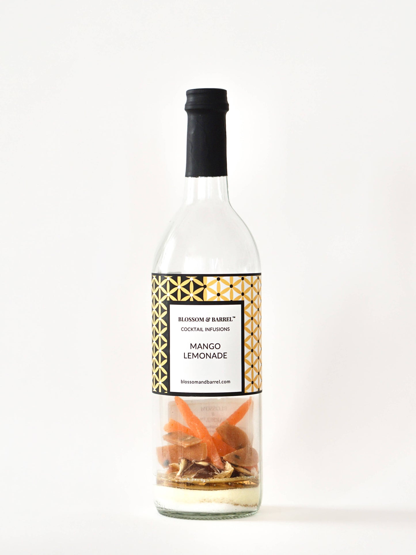 Bottle of Mango Lemonade with decorative label on a white background
